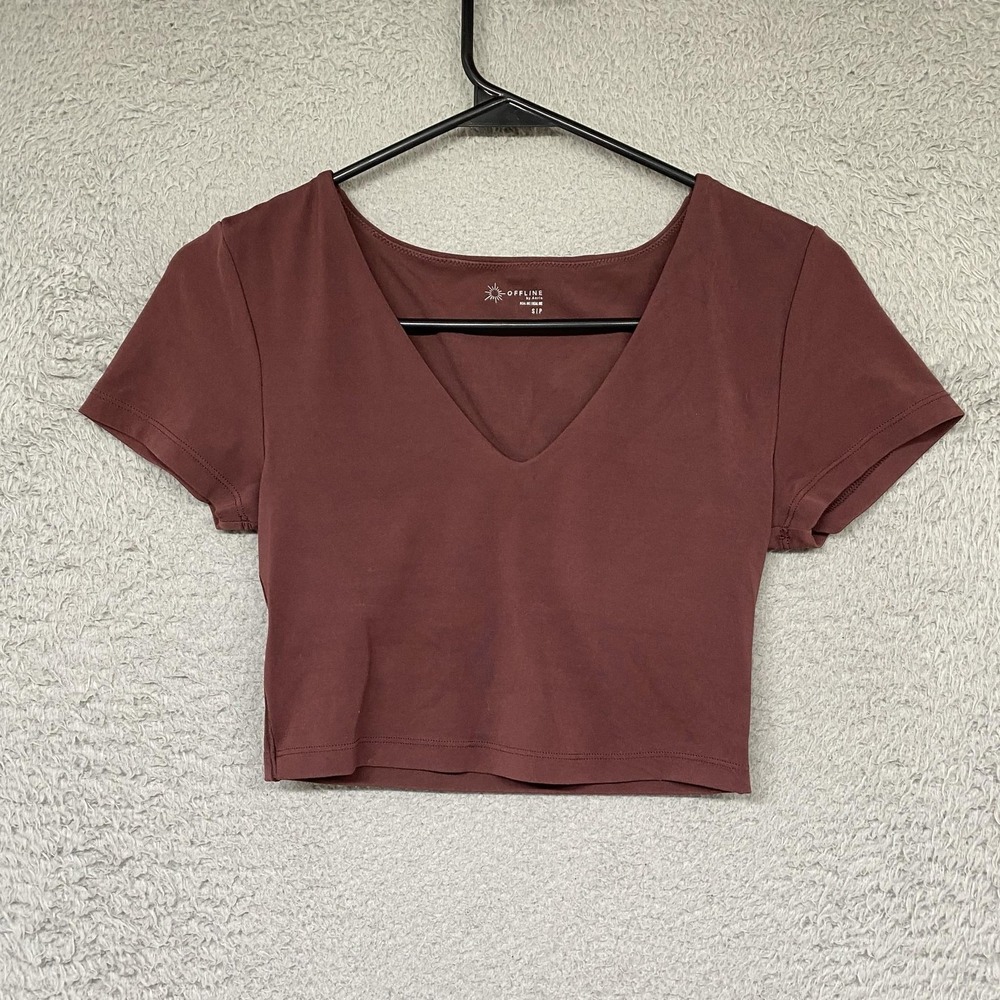 Offline Aerie Real Me Crop Top Womens Small Brown V Neck Built In Bra Yoga